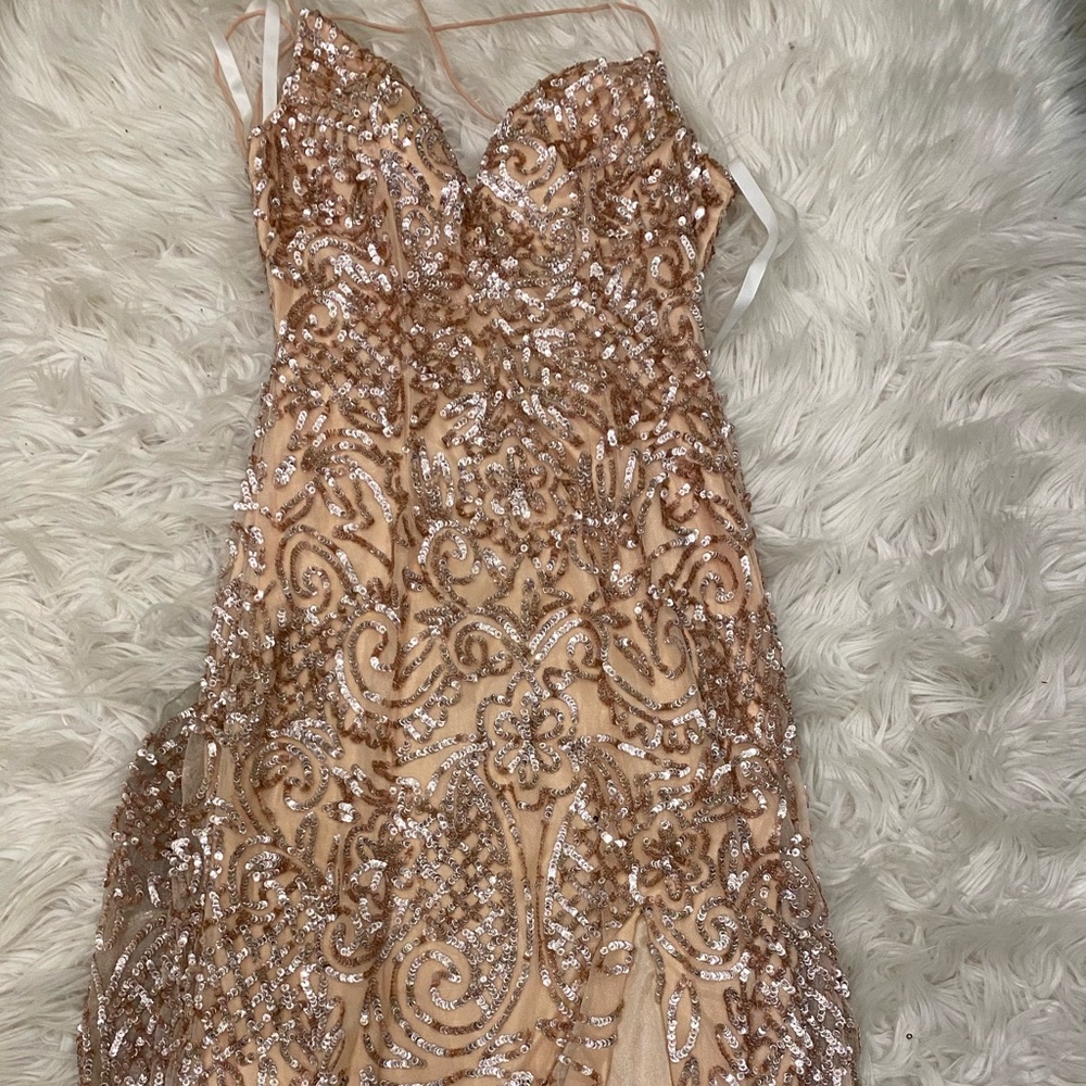 Rose Gold Long Sequin VNeck Prom Dress by PromGirl